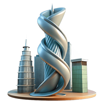 magnificent contemporary Spiral skyscraper, twisting form, dynamic composition, futuristic city skyline, innovative architecture authentic png