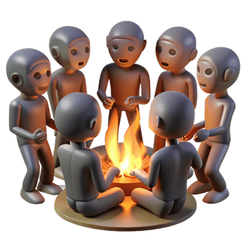 wonderful modern A group of genetically modified humans with glowing skin and unusual features, gathered around a bonfire, illuminated by the flickering firelight. Science fiction style genuine png