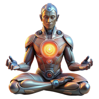 stunning minimalist A cyborg with intricate, glowing tattoos meditating in a serene, futuristic garden, bathed in the warm glow of a holographic sun. Fantasy art style detailed png