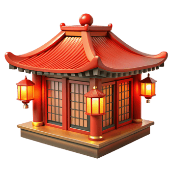 elegant modern Traditional Chinese courtyard house, intricate wooden latticework, red painted walls, warm lantern light, classical painting style 4K png