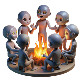 magnificent rustic A group of genetically modified humans with glowing skin and unusual features, gathered around a bonfire, illuminated by the flickering firelight. Science fiction style high quality png