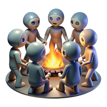 serene classic A group of genetically modified humans with glowing skin and unusual features, gathered around a bonfire, illuminated by the flickering firelight. Science fiction style exclusive png