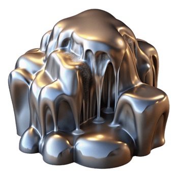 beautiful artistic A cascading waterfall of liquid mercury, reflecting distorted images in its surface, lit by dramatic chiaroscuro lighting, in a surrealist style detailed png