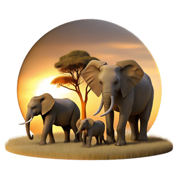 elegant traditional A family of elephants walking across the savanna, the setting sun casting long shadows behind them. Silhouette style high quality png