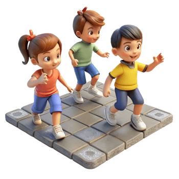 elegant vintage A group of children playing hopscotch on a cracked sidewalk, nostalgic style, warm afternoon light detailed png