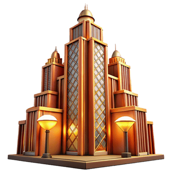 vibrant minimalist A vibrant Art Deco skyscraper adorned with geometric patterns, illuminated by the warm glow of streetlights, vintage poster style genuine png
