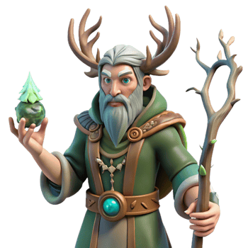 vibrant contemporary A wise druid with intricate tattoos and antler headdress, performing a ritual in a sacred grove. Soft, dappled forest lighting. Celtic mythology style professional png