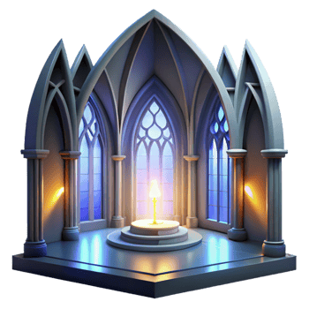 wonderful minimalist Gothic cathedral interior, stained glass depicting abstract shapes, dim ethereal lighting, single ray of light from a high window, hyperrealistic style original png