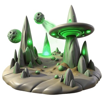 impressive abstract A desolate alien landscape with strange, rock formations and swirling dust devils, illuminated by the harsh, green light of a nearby nebula. Surreal style authentic png