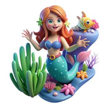 stunning abstract A cartoon mermaid swimming underwater, surrounded by coral and fish, illuminated by the filtered sunlight from the surface, drawn in a vibrant and flowing cartoon style premium png