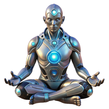 dramatic vintage A cyborg with intricate, glowing tattoos meditating in a serene, futuristic garden, bathed in the warm glow of a holographic sun. Fantasy art style detailed png