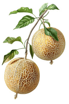 Two Golden Melons on a Branch with Green Leaves Vintage Botanical Illustration with Transparent Background png