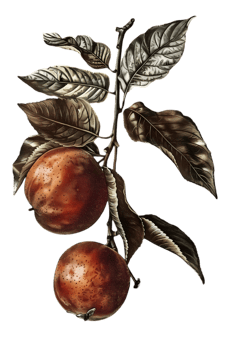 Two Red Apples on Branch with Green Leaves Isolated on Transparent Background Still Life Botanical Illustration in Vintage Style png
