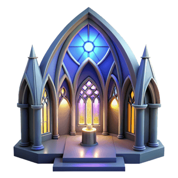 magnificent creative Gothic cathedral interior, stained glass depicting abstract shapes, dim ethereal lighting, single ray of light from a high window, hyperrealistic style 4K png