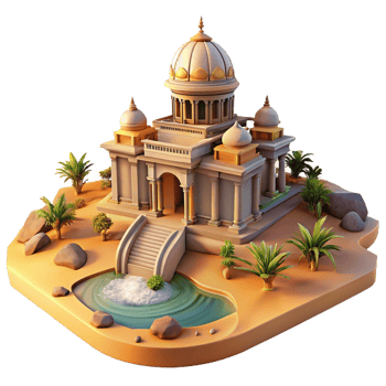 extraordinary traditional A desert oasis centered around a majestic, intricately carved sandstone temple, bathed in the golden light of sunset, digital painting style high quality png
