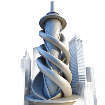 wonderful vintage Spiral skyscraper, twisting form, dynamic composition, futuristic city skyline, innovative architecture 4K png