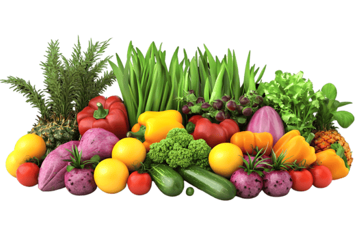 Vibrant Still Life of Fresh Vegetables and Fruits in Varied Colors on Transparent Background png