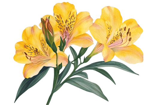Vibrant Yellow Alstroemeria Lily Flowers with Green Leaves on Transparent Background Watercolor Botanical Illustration png