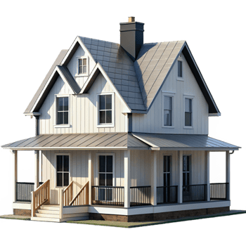 dramatic minimalist Modern farmhouse, white siding, black trim, wraparound porch, rural setting, farmhouse style original png