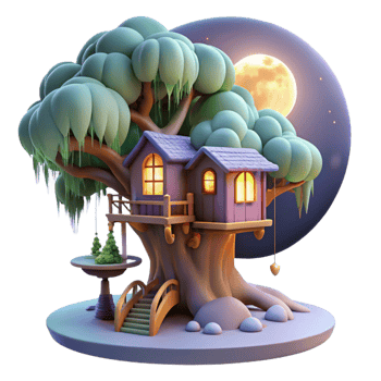 beautiful traditional A whimsical treehouse nestled within the branches of a giant, glowing willow tree, overlooking a moonlit valley. Soft, ethereal moonlight. Dreamlike style detailed png