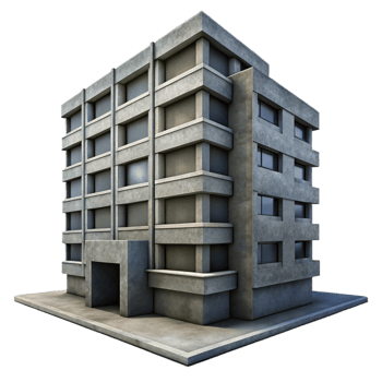 beautiful contemporary Brutalism, concrete apartment block, overcast sky, harsh shadows, photorealistic style exclusive png