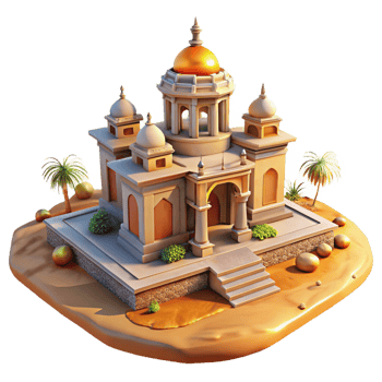 serene creative A desert oasis centered around a majestic, intricately carved sandstone temple, bathed in the golden light of sunset, digital painting style original png