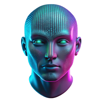 A cascading torrent of binary code forming the shape of a human face, illuminated by pulsing neon light in shades of turquoise and magenta. Synthwave style, abstract art png