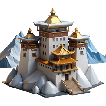stunning traditional Mountaintop monastery, stone walls, snow-capped peaks, serene atmosphere, Tibetan architecture style exclusive png
