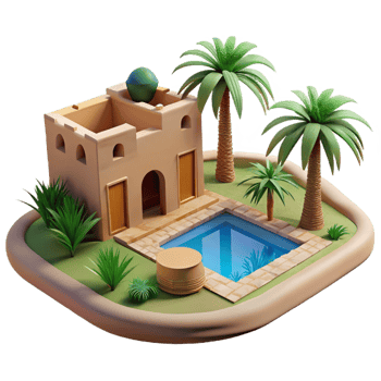 stunning vintage A desert oasis with palm trees, a shimmering pool of water, and a traditional mud-brick building, bright midday sun. Desert landscape, peaceful atmosphere, realistic rendering premium png