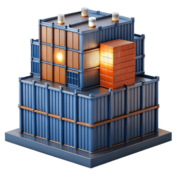 dramatic creative A skyscraper made entirely of stacked shipping containers, industrial lighting, urban photography original png