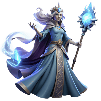 serene artistic A powerful sorceress with flowing robes and a staff topped with a glowing crystal, summoning a magical storm. Dramatic, stormy lighting. Fantasy art style high resolution png