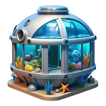 beautiful rustic A futuristic, underwater research station with large, panoramic windows offering views of the vibrant marine life. Photorealistic style high resolution png
