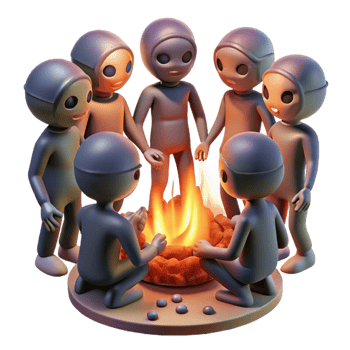 stunning rustic A group of genetically modified humans with glowing skin and unusual features, gathered around a bonfire, illuminated by the flickering firelight. Science fiction style professional png