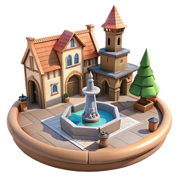 beautiful artistic A medieval town square with a fountain, bustling activity, realistic detail, bright sunlight genuine png