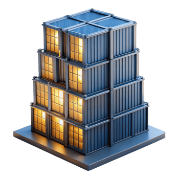 elegant modern A skyscraper made entirely of stacked shipping containers, industrial lighting, urban photography exclusive png