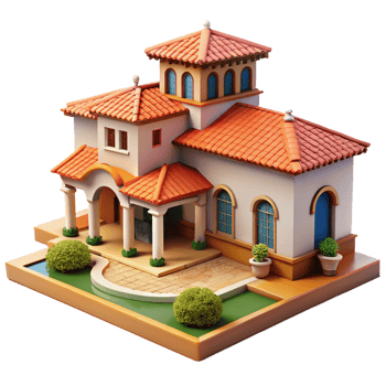 extraordinary artistic Spanish colonial hacienda, stucco walls, red tile roof, courtyard, Mediterranean style premium png