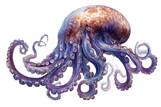 Watercolor Illustration of a Purple Octopus Isolated on a Transparent Background with Intricate Tentacles and Texture Art png