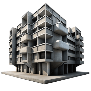 serene artistic A Brutalist concrete apartment complex, dramatically lit by stark shadows and highlights, black and white photography style detailed png