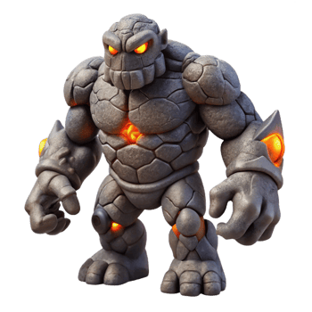 dramatic vintage A powerful golem crafted from living stone, its eyes glowing with a molten core. Dramatic, chiaroscuro lighting. Dark fantasy style 4K png
