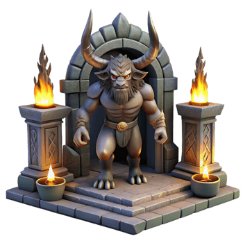 serene contemporary A fearsome minotaur guarding a labyrinth entrance, illuminated by flickering torches, in a dark fantasy style professional png