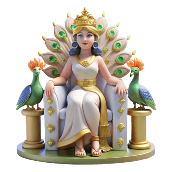 dramatic abstract A loving Hera with a regal demeanor, seated on a throne adorned with peacocks. Classical style. Soft, warm lighting premium png