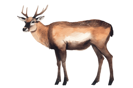 Watercolor Painting of a Deer with Antlers Standing in Profile on a Transparent Background Art Illustration png