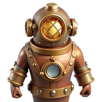 impressive modern A steampunk diver, brass diving suit, glowing portholes, underwater lighting, realistic style high resolution png