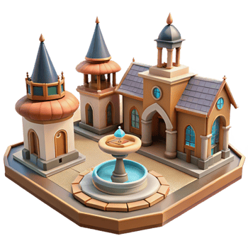 elegant classic A medieval town square with a fountain, bustling activity, realistic detail, bright sunlight professional png