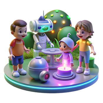 extraordinary rustic A group of children playing with robotic pets in a futuristic park, illuminated by soft, colorful lights. Cartoon style 4K png