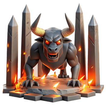 stunning minimalist A fearsome minotaur with glowing red eyes, charging through a labyrinth of obsidian pillars, lit by flickering torches, in a gritty, realistic style original png
