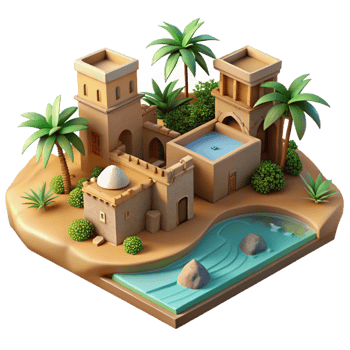 stunning classic Desert oasis village, adobe buildings, palm trees, shimmering water, warm sunlight, desert architecture style original png