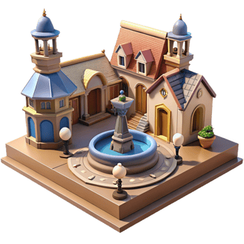 impressive minimalist A medieval town square with a fountain, bustling activity, realistic detail, bright sunlight authentic png