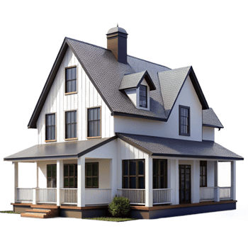 wonderful contemporary Modern farmhouse, white siding, black trim, wraparound porch, rural setting, farmhouse style exclusive png