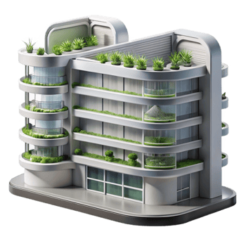 dramatic minimalist A futuristic apartment complex with vertical gardens and hydroponic farms, sleek minimalist design, sustainable architecture. Eco-friendly, futuristic city, utopian vision genuine png